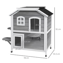 2-story Cat House Outdoor, Weatherproof Wooden Cat Enclosure for Feral Cats with Escape Door, Openable Roof, Jumping Platforms, Grey