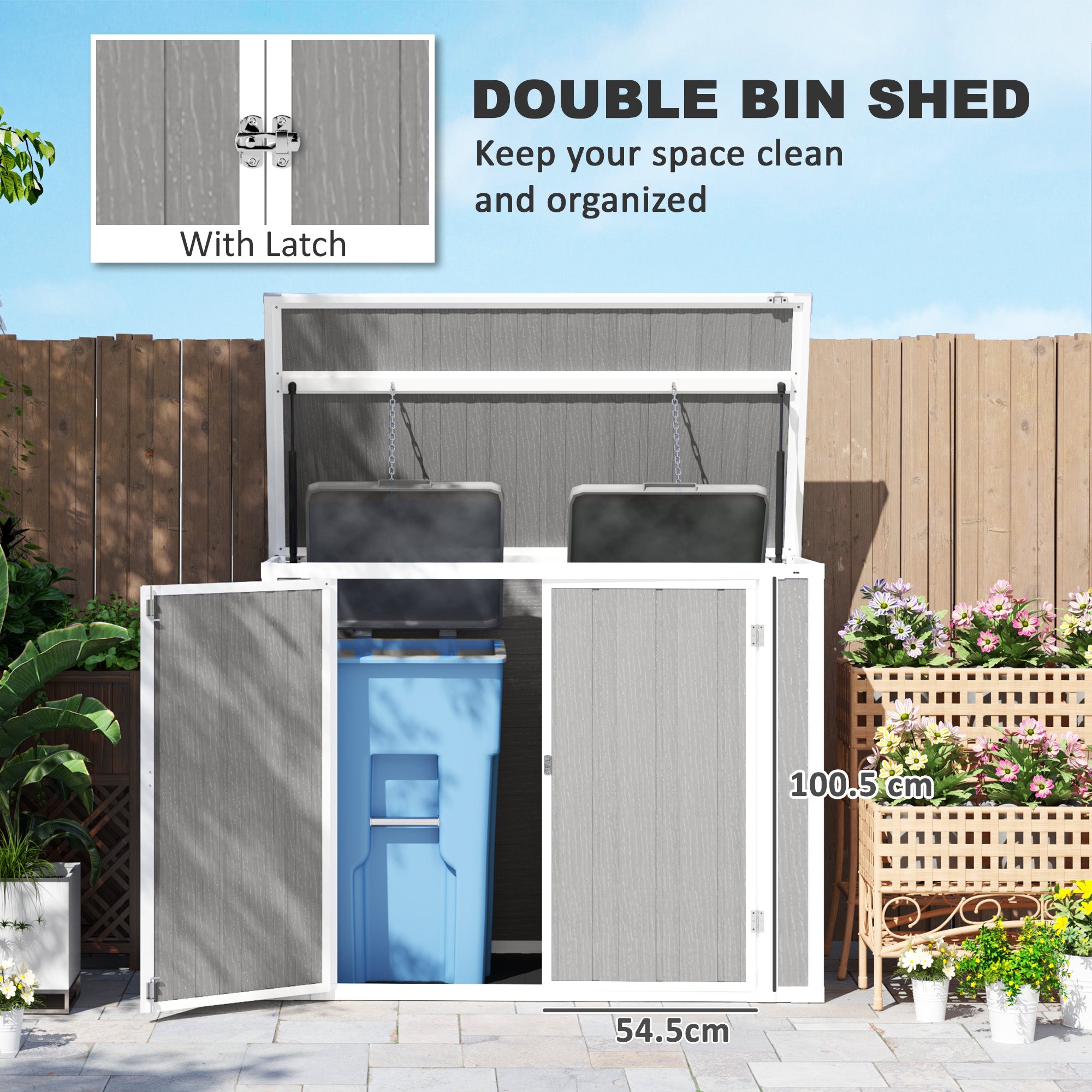 4.7 x 2.5FT Garden Shed, Double Bin Storage Shed with Lockable Doors, Outdoor Small Shed with Openable Lid for 2 Trash Cans, Garden Tools, Grey