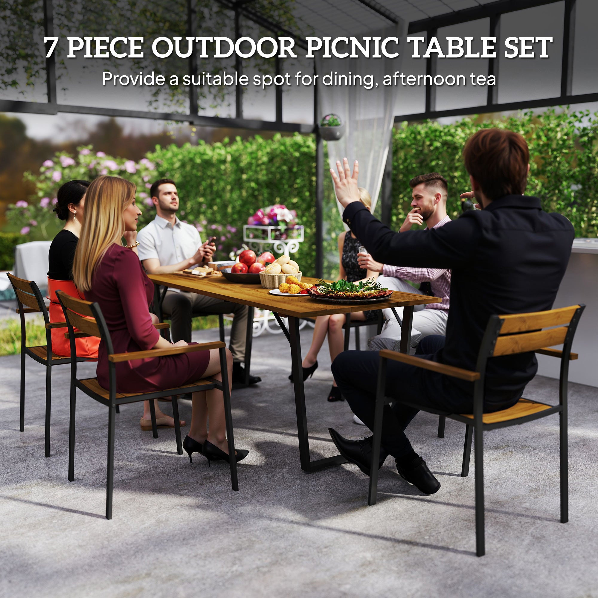 Seven-Piece Wood Panel Patio Dining Set - Brown/Black