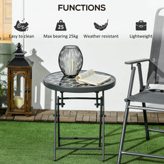 Φ45cm Garden Side Table, Outdoor Round Folding Patio Table with Imitation Marble Glass Top, Small Coffee Table, Black and White