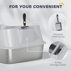 XXL Stainless Steel Cat Litter Box with High Sides, Metal Scoop, 70 x 50 x 30 cm