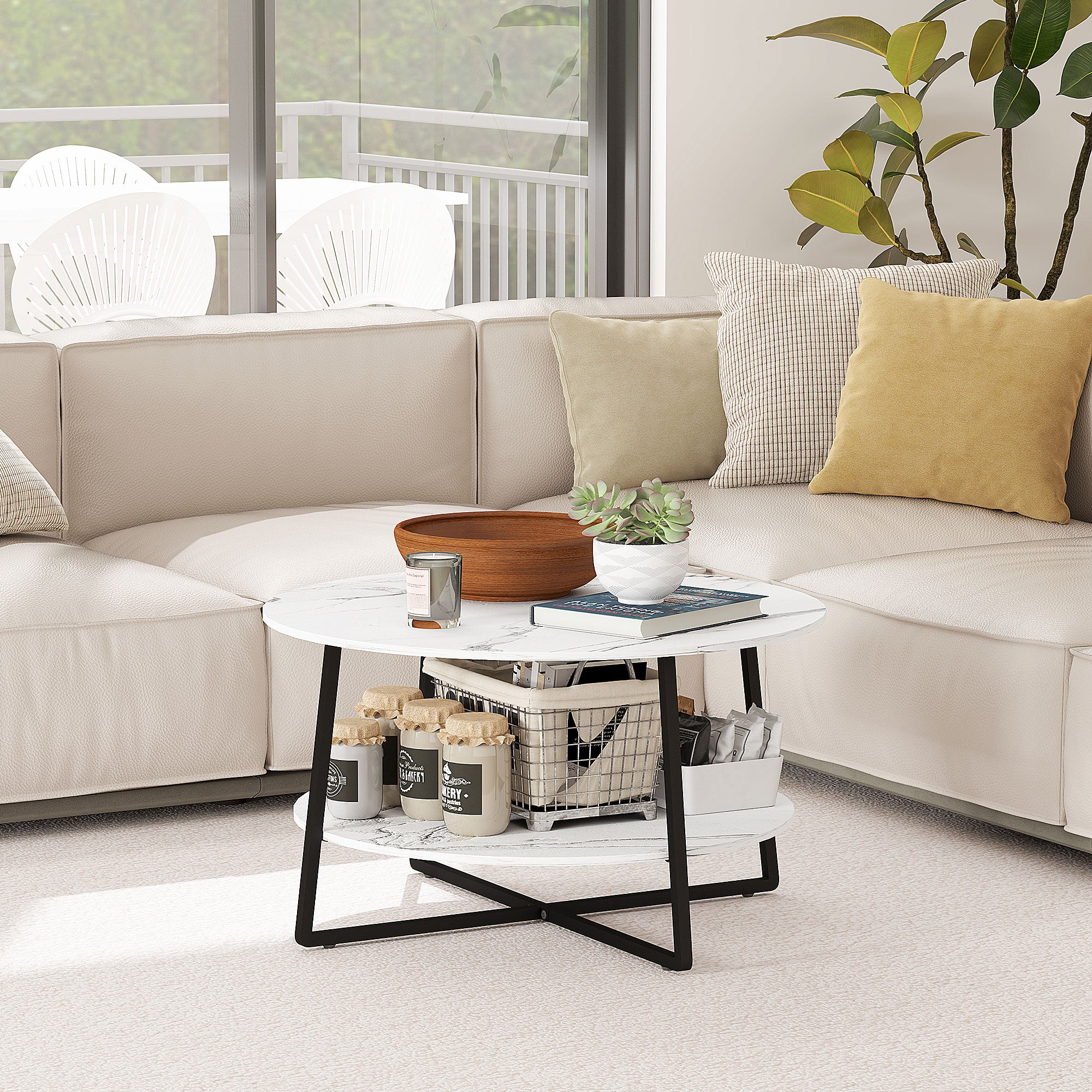Two-Tier Marble-Effect Coffee Table - White/Black
