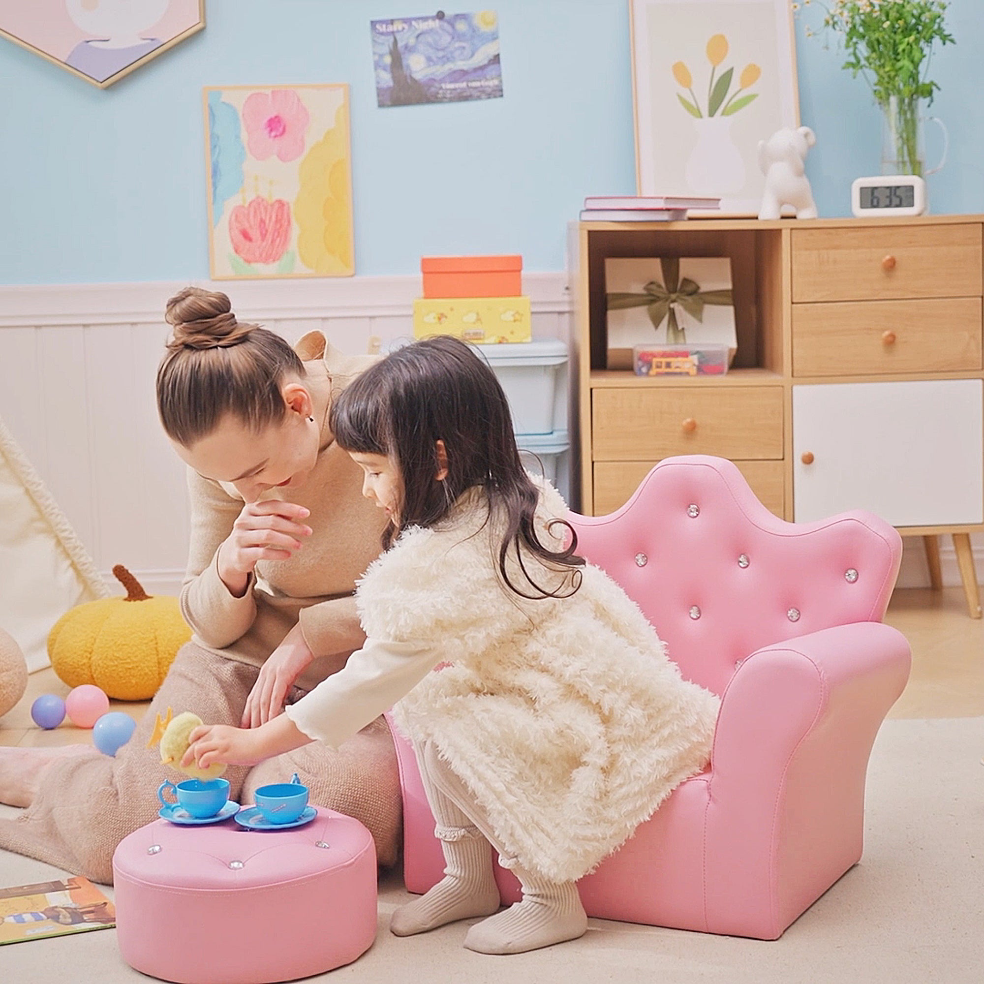 Children Kids Sofa Set Armchair Chair Seat with Free Footstool PU Leather for Girls 58L x 40.5W x 49H cm Pink