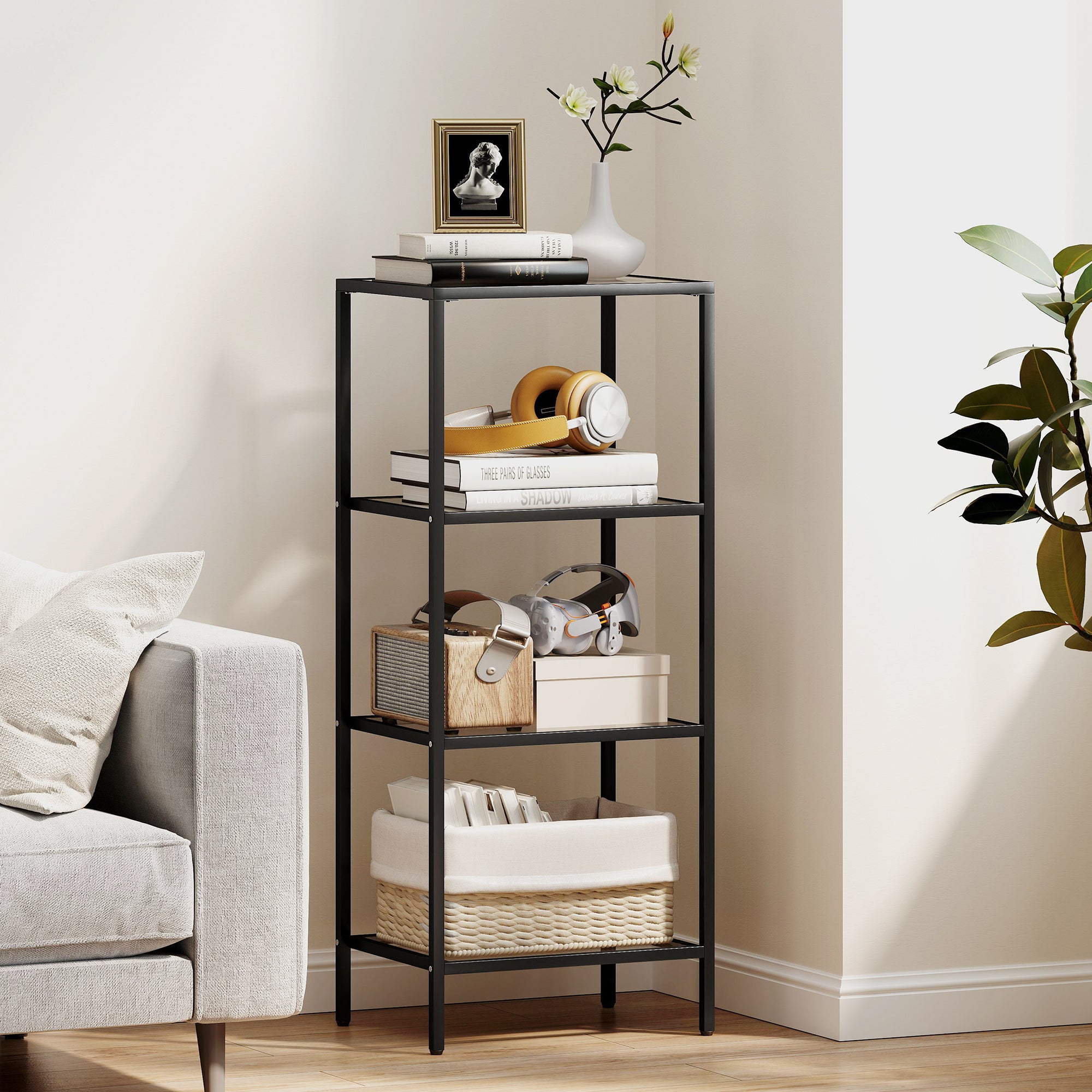 Fynco - 4-Tier Shelving Unit, Glass Shelf, Vertical Storage Shelf for Living Room, Home Office, Bedroom, Bathroom, Black
