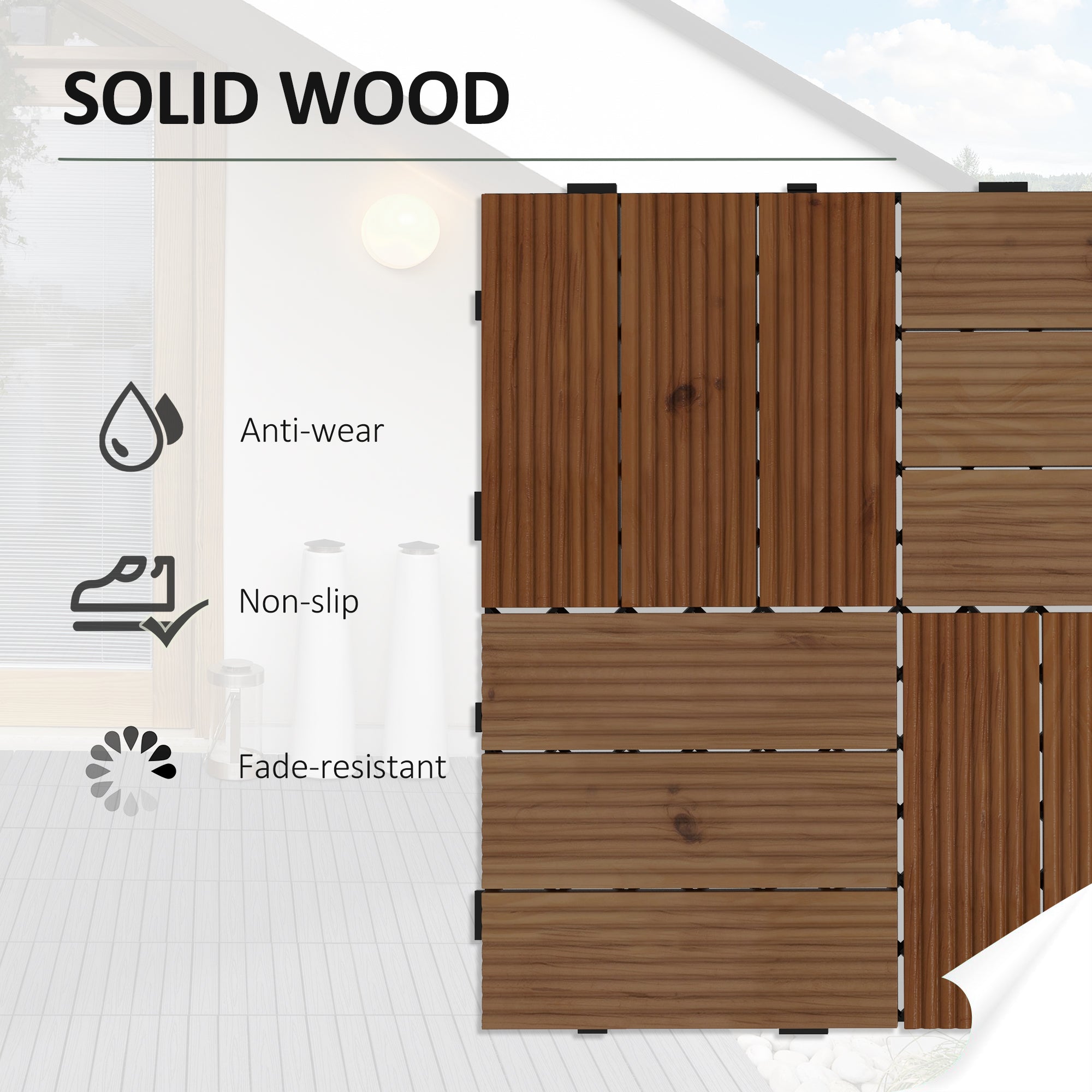 27 Pcs Wooden Interlocking Decking Tiles, 30 x 30 cm Anti-slip Outdoor Flooring Tiles, 0.81㎡ per Pack, All Weather Use for Patio, Balcony, Terrace, Hot Tub, Brown