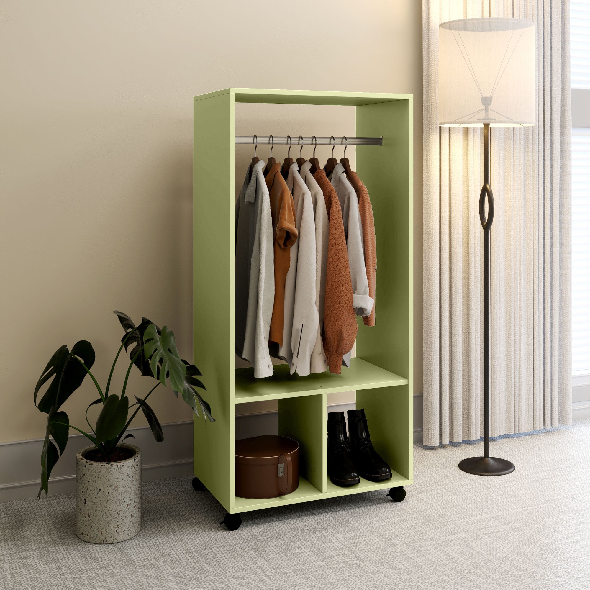 Open Wardrobe on Wheels, Bedroom Wardrobe with Clothes Hanging Rail, 2 Storage Shelves, Mobile Garment Rack for Cloakroom, Hallway, Green