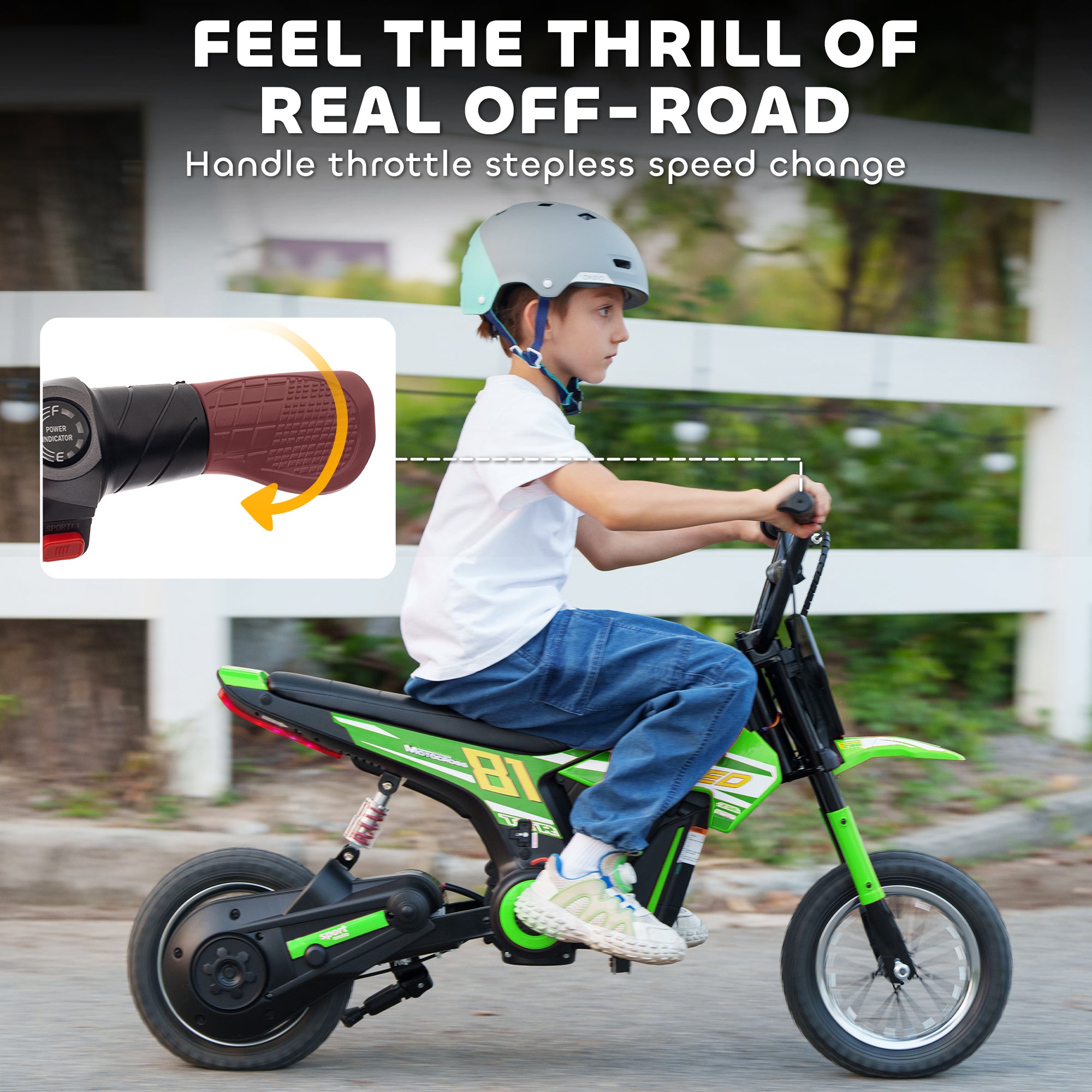 AIYAPLAY Kids Electric Motorbike, 24V Ride On Motorcycle with 3 Speeds and Rear Suspension, Dirt Bike for 8-12 Years Old, Green