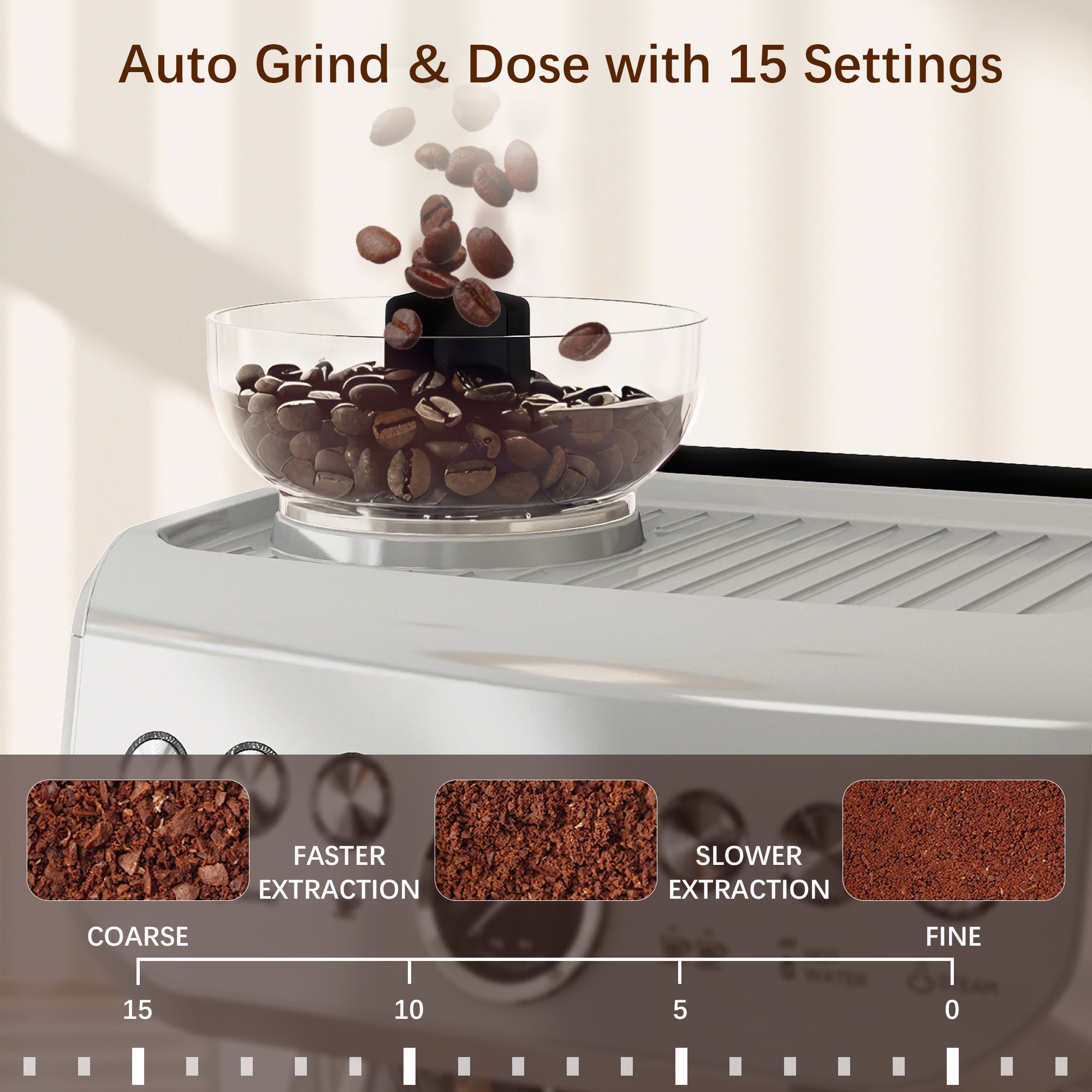 15 Bar Coffee Machine, with Adjustable Grind, Steamer and Accessories - Silver Colour