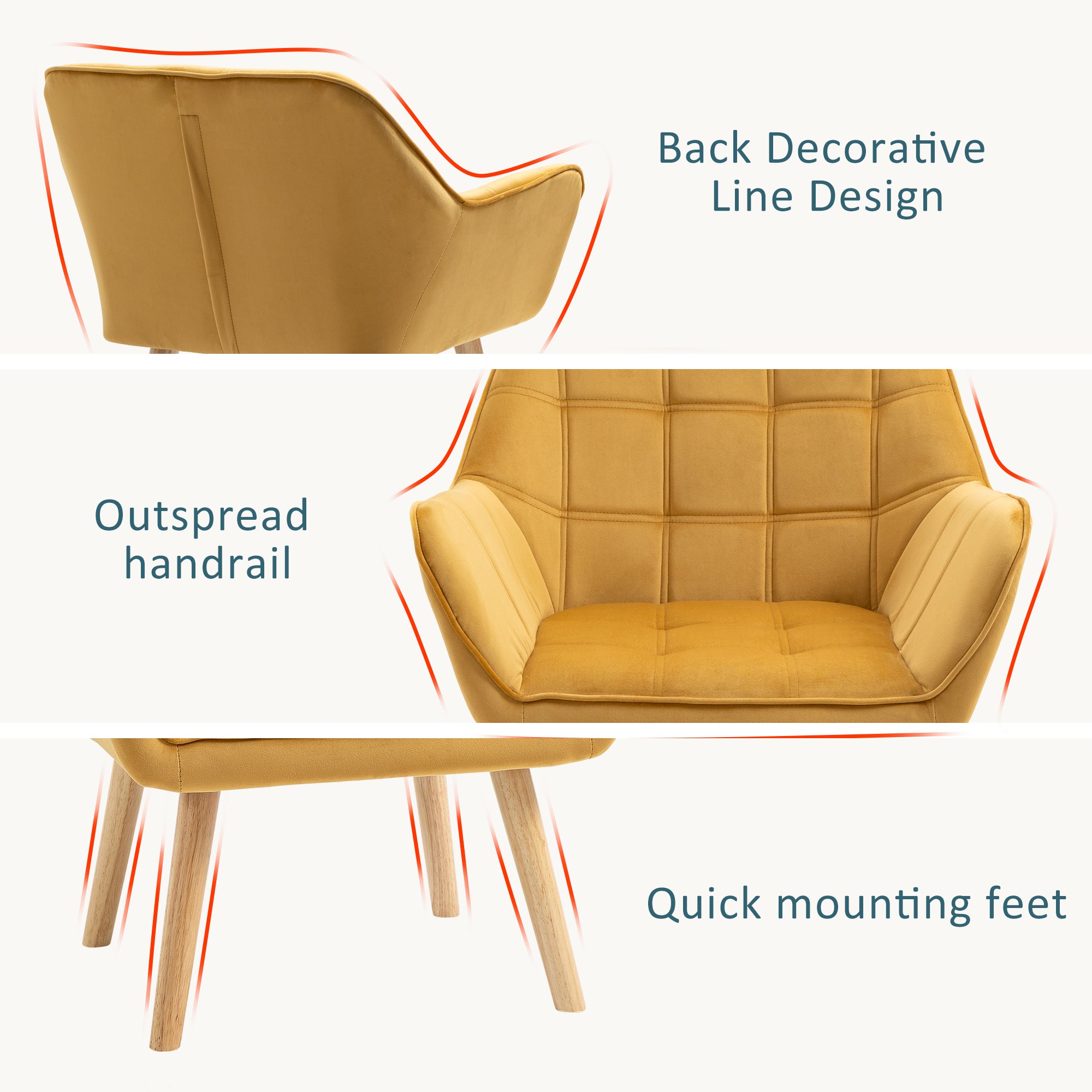 Modern Armchair, Accent Chair with Wide Arms, Slanted Back and Rubber Wood Legs for Living Room, Bedroom, Home Office Yellow