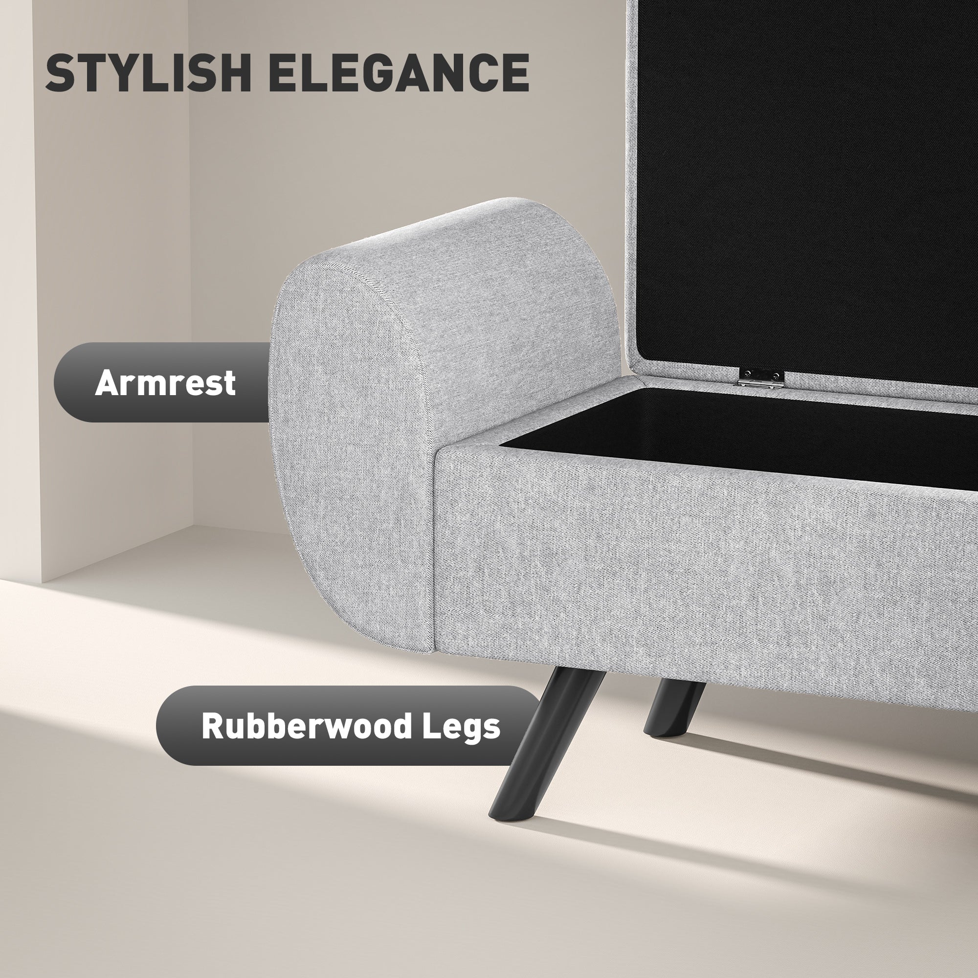 Storage Ottoman with Armrest, Upholstered Linen Storage Bench, Window Seat with Rubberwood Legs, Footstool for Bedroom Living Room, Hallway, Light Grey