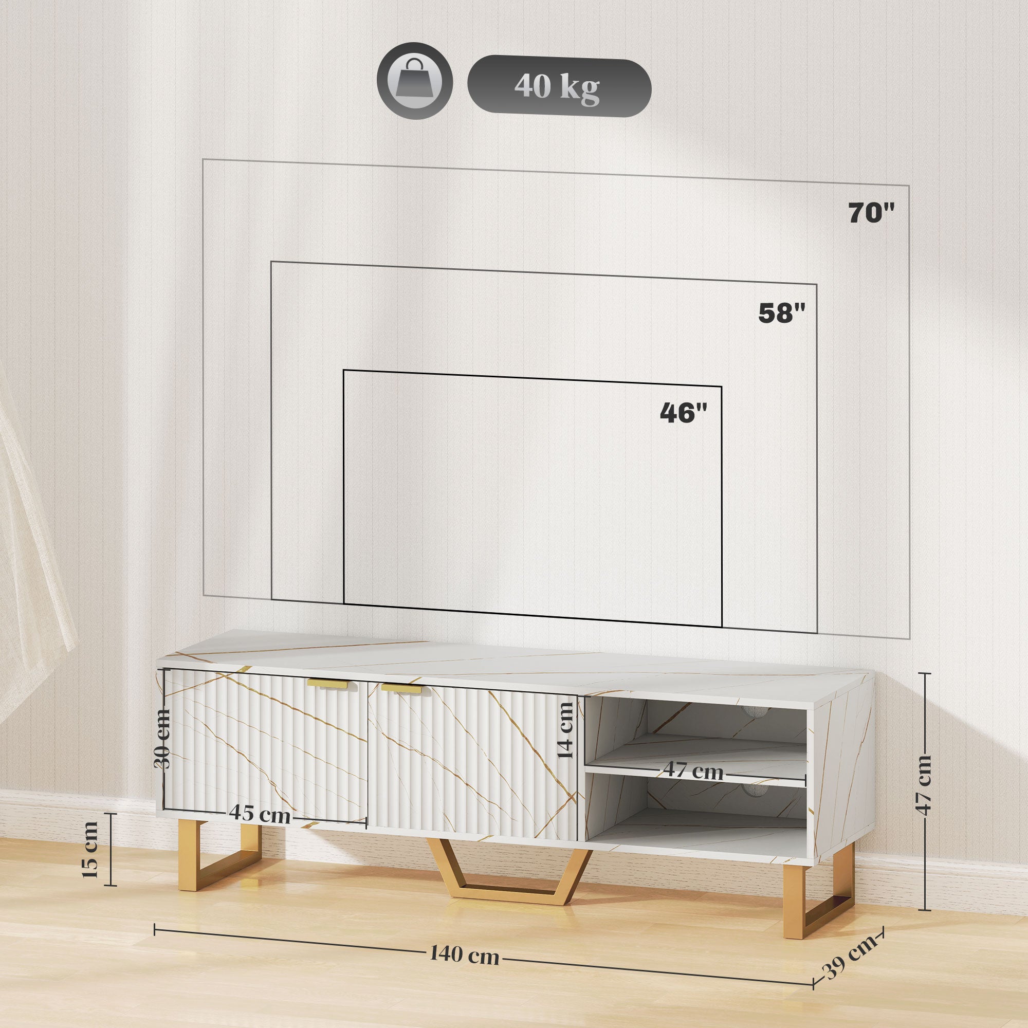 Marble Effect TV Unit, TV Stand Cabinet for up to 70" TVs, Modern TV Cabinet with Shelves and Storage Cupboard, Fluted Door, Extra Centre Leg, Cable Management for Living Room, White