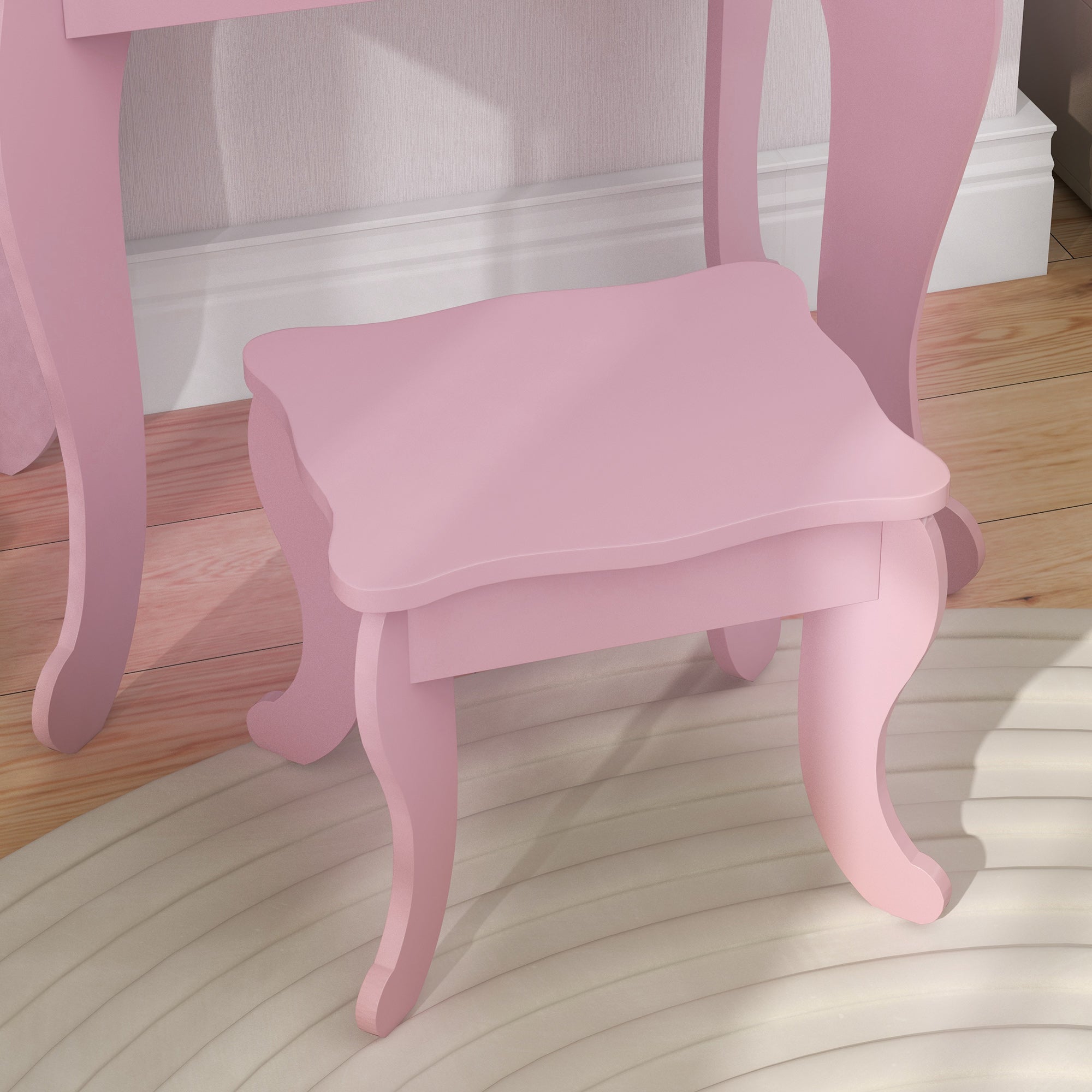 Fynco - Kids Vanity Table and Chair Set with Tri-Folding Mirror and Stool, Makeup Dressing Table with Drawer, Pink