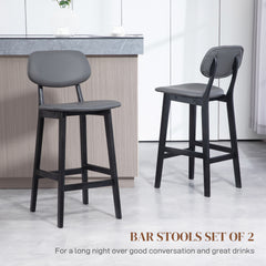 Bar Stools Set of 2, Breakfast Bar Chairs, PU Leather Upholstered Kitchen Stools with Backs, Footrests and Solid Wood Legs, Dark Grey