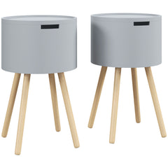 Modern Side Table with Hidden Storage Space, Round Night Stand with Removable Tray Wood Frame End Coffee Table for Living Room, Set of 2, Grey
