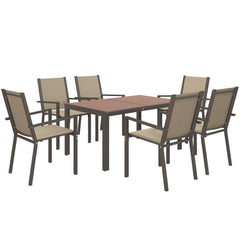 Seven-Piece Garden Dining Set, with Plastic Wood-Top Table - Brown