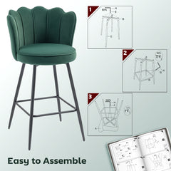 Fynco - Set of Two Velvet-Feel Lotus Bar Stools - Dark Green