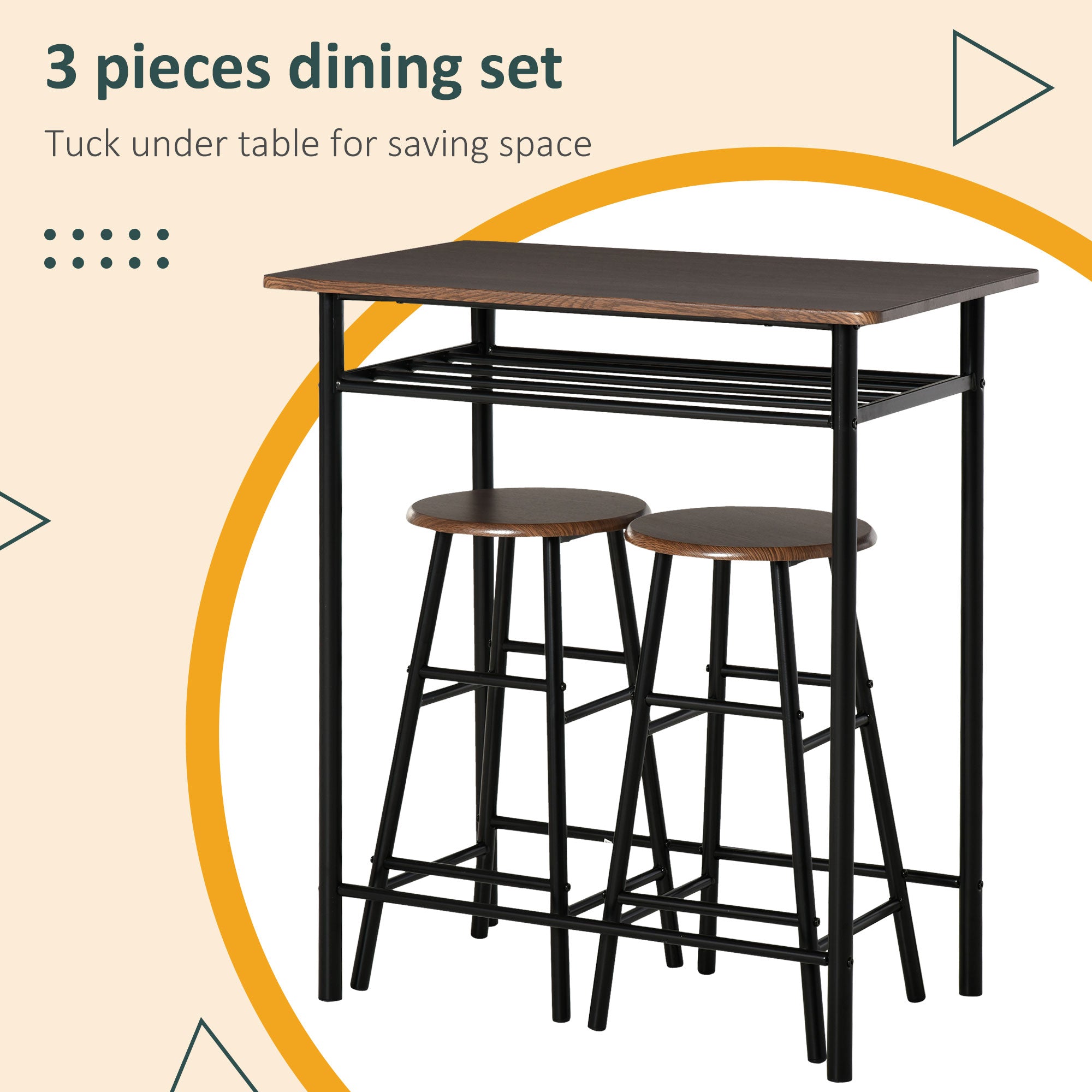 Bar Table Set, Bar Table and Stools Set, Footrest and Storage Shelf, for Kitchen, Dining Room, Pub, Cafe, Black and Oak