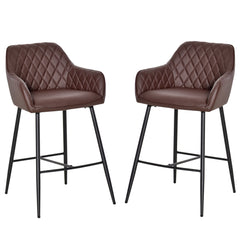 Set of 2 Bar stools Retro PU Leather Bar Chairs w/ Footrest Metal Frame Comfort Support Stylish Dining Seating Home Brown