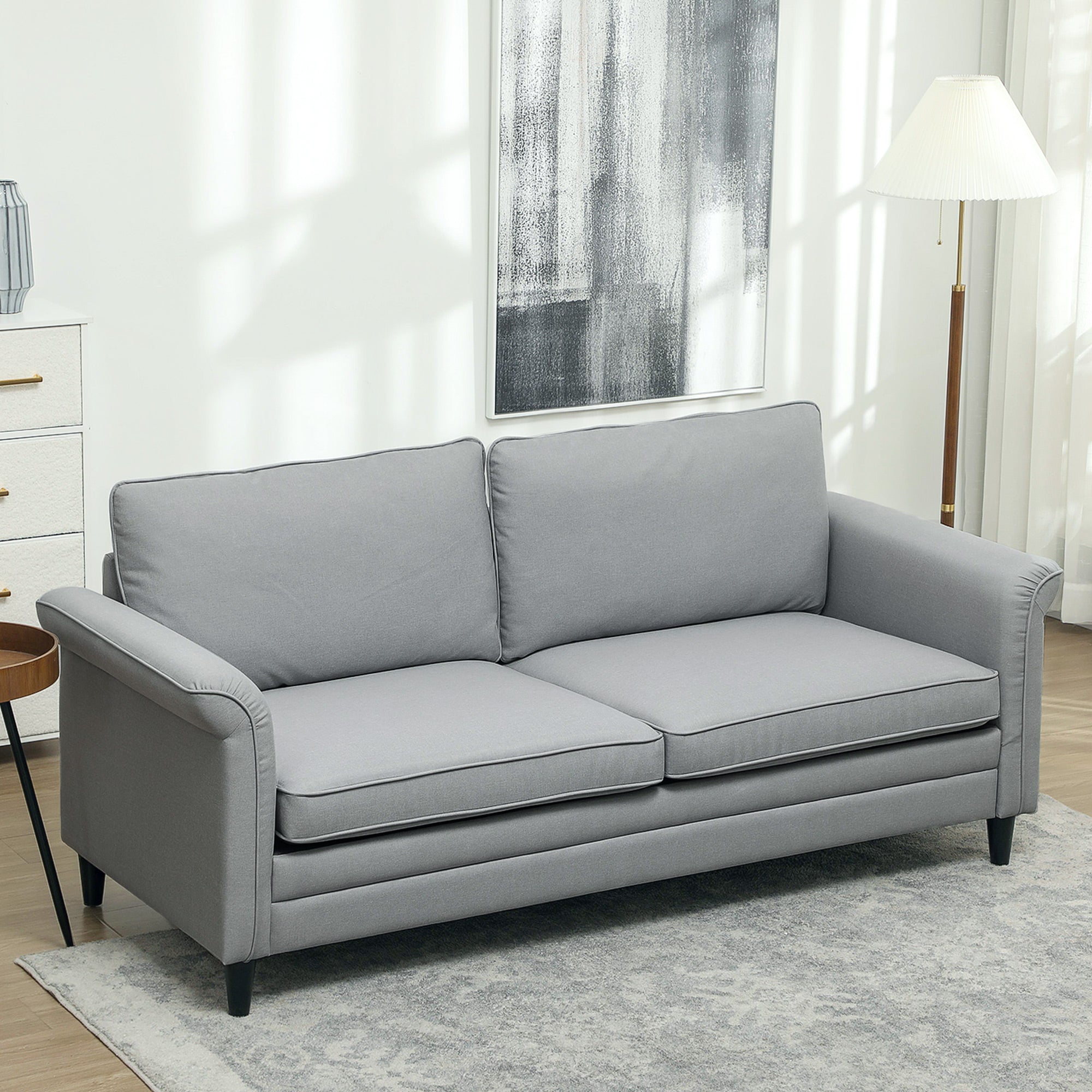 3 Seater Sofa, Modern Fabric Sofa Couch with Spring Cushion, Rubber Wood Legs, 191cm Upholstered Settee for Living Room, Bedroom, Home Office, Guest Room, Grey