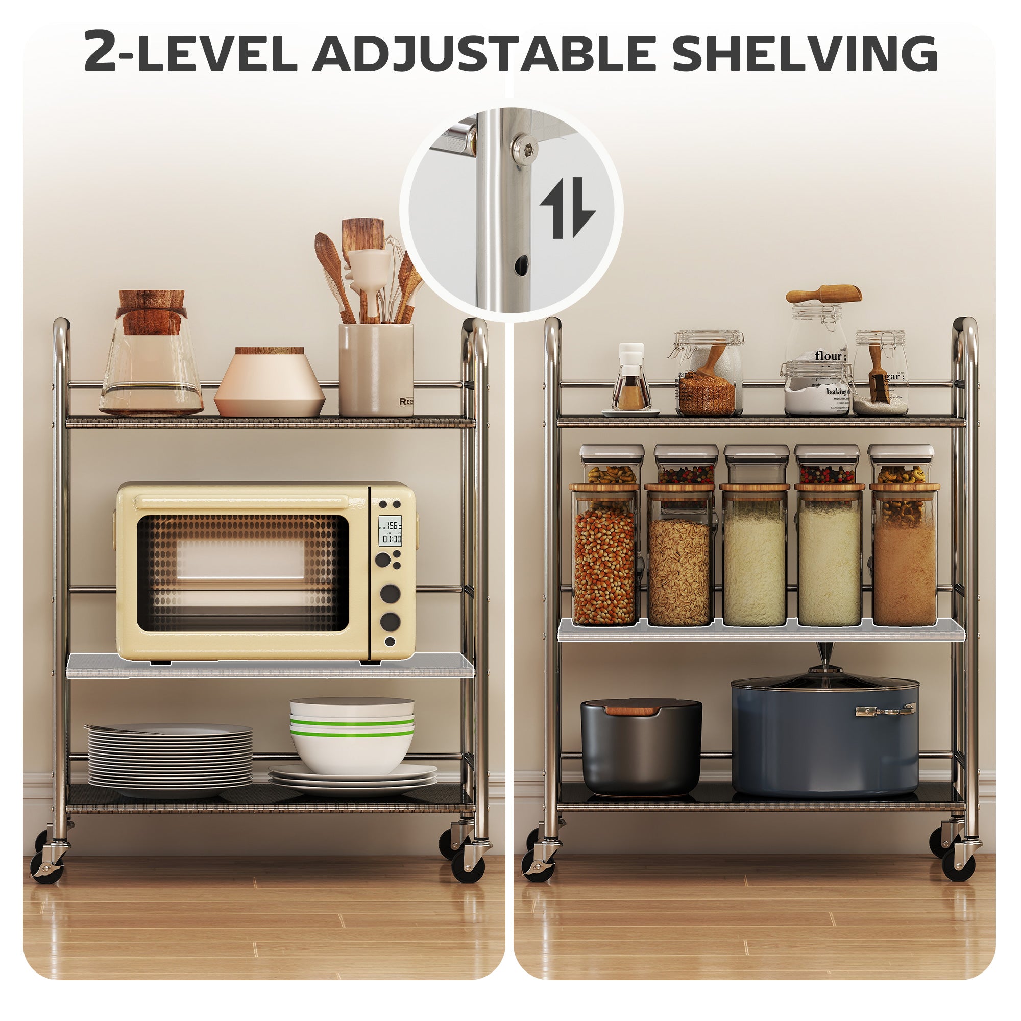 Fynco - 3 Tier Stainless Steel Kitchen Storage Trolley with Adjustable Shelf - Silver