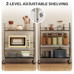 Fynco - 3 Tier Stainless Steel Kitchen Storage Trolley with Adjustable Shelf - Silver