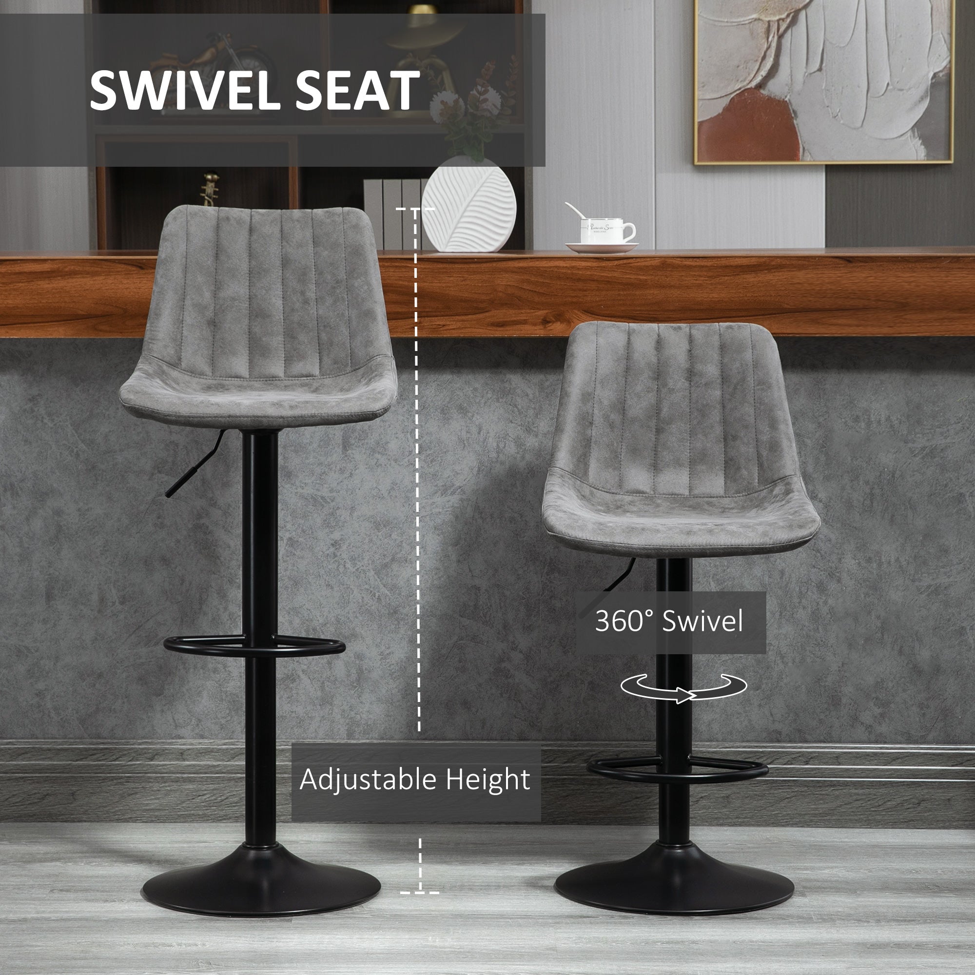 Modern Bar Stools Set of 2, Height Adjustable Swivel Bar Chairs with Backrest, Gas Lift and Footrest, Microfibre Barstools for Breakfast Counter, Kitchen Island, Grey