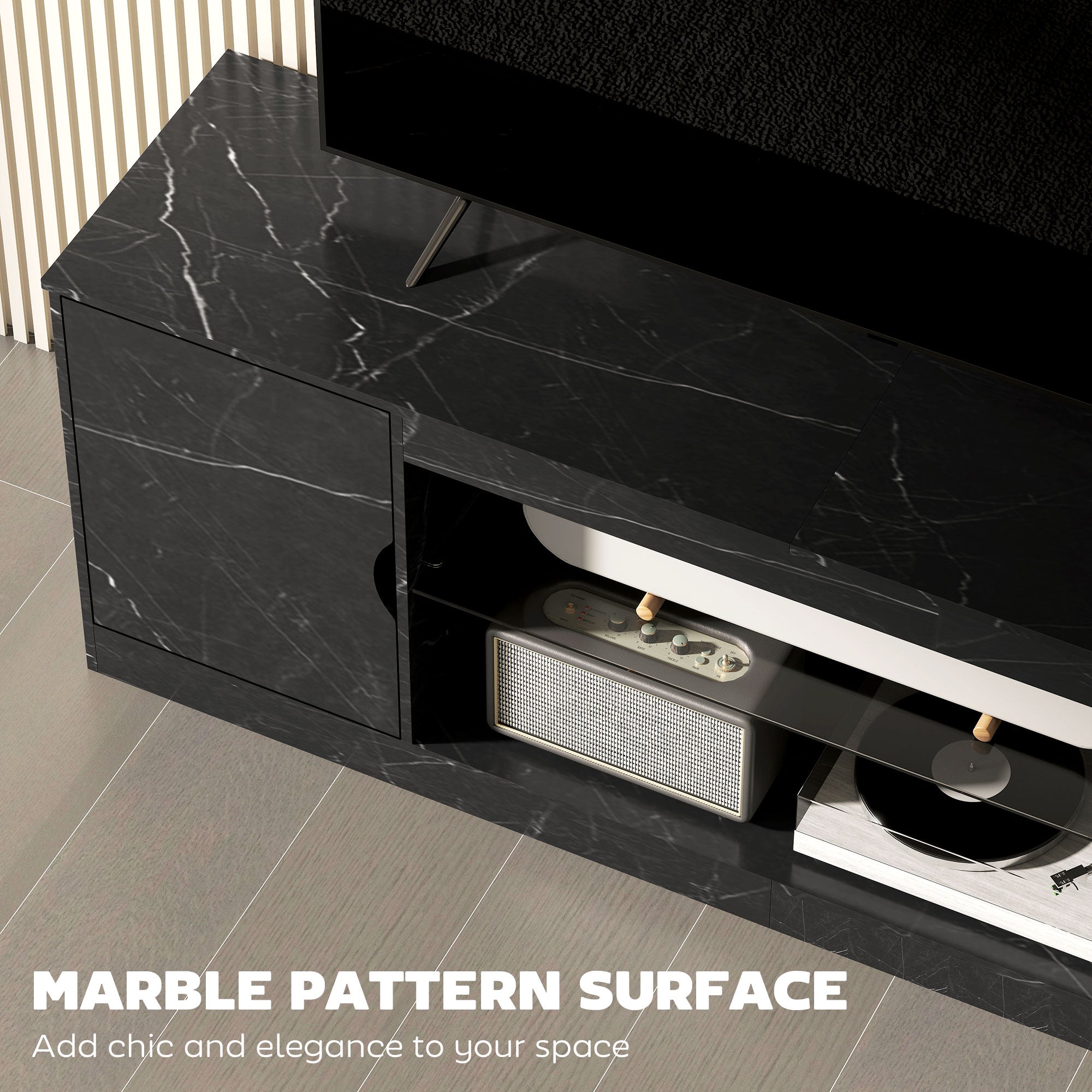 TV Stand Cabinet, Marble Effect TV Unit for up to 55" TVs with Glass Shelf and Storage Cabinet, Entertainment Unit for Living Room, Bedroom, Black