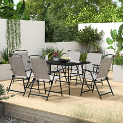 Seven-Piece Garden Dining Set, with Glass-Top Table and Folding Chairs - Grey