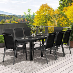 8 Seater Garden Dining Set with Stacking Chairs, Rectangular Tempered Glass Top, Garden Furniture Set, Outdoor Dining Table and Chairs for Patio, Balcony, Poolside, Black