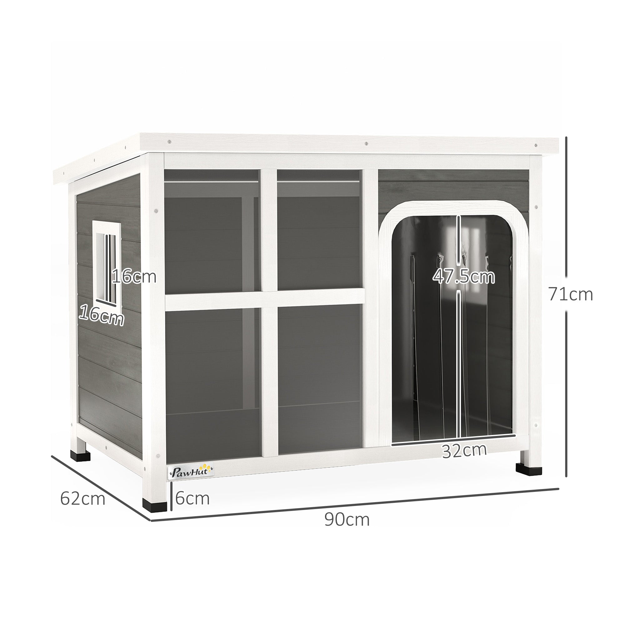 Wooden Outdoor Dog House with Asphalt Openable Top, Removable Floor, Clear Front Panel, Curtain, Light Grey
