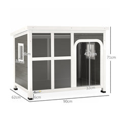 Wooden Outdoor Dog House with Asphalt Openable Top, Removable Floor, Clear Front Panel, Curtain, Light Grey