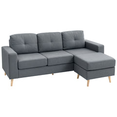 3 Seater Sofa with Footstool, Fabric L-Shaped Sofa, Sectional Couch with Wood Legs, Tufting Cushioned Back for Small Space, Living Room, Office, Dark Grey