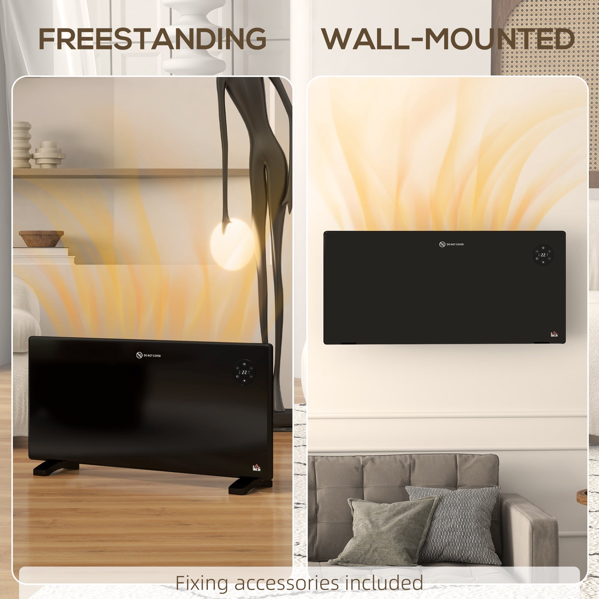 Fynco - 2000W Electric Convector Heater, Freestanding or Wall Mounted, Space Heater with Adjustable Thermostat, Timer, Black