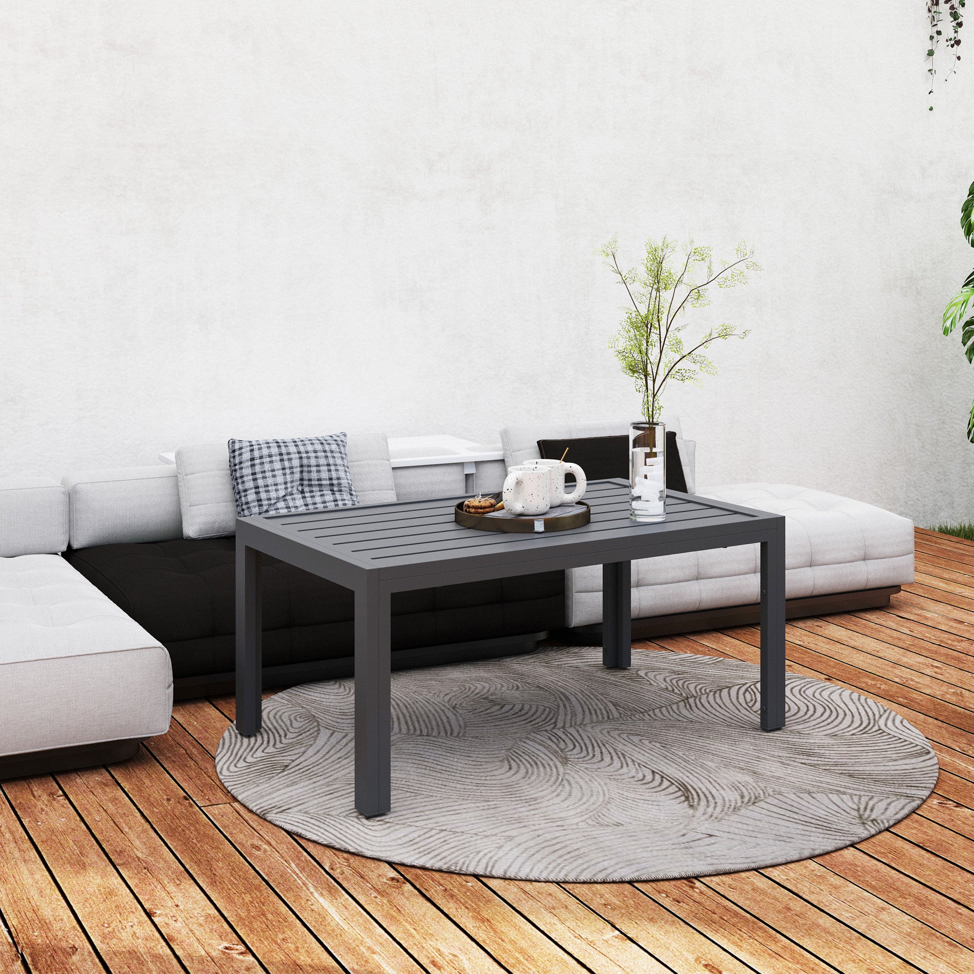 Outdoor Side Table, Rectangular Patio Coffee Side Table with Steel Frame and Slat Tabletop for Garden, Balcony, Grey