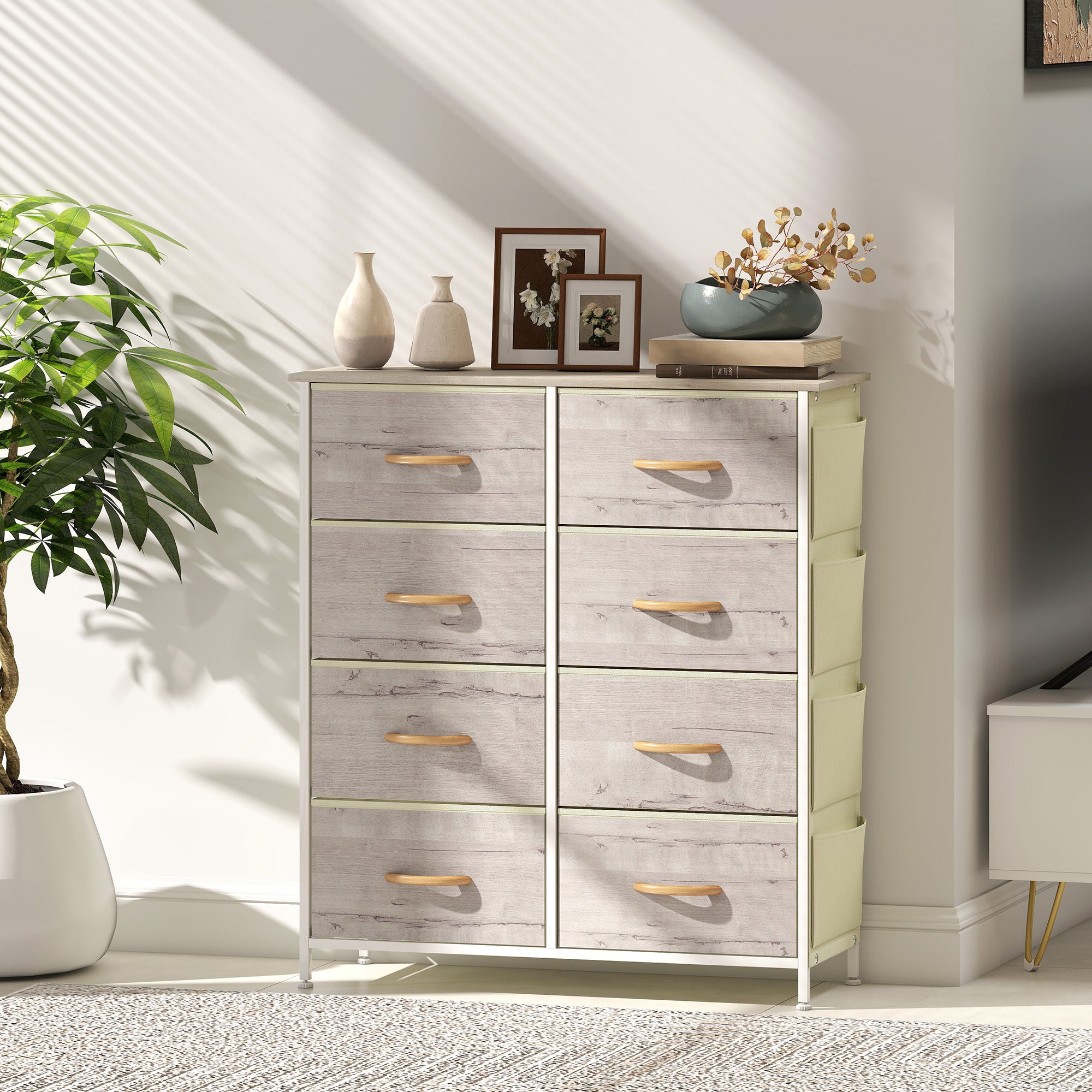 Chest of Eight Fabric Drawers - Natural Wood Finish