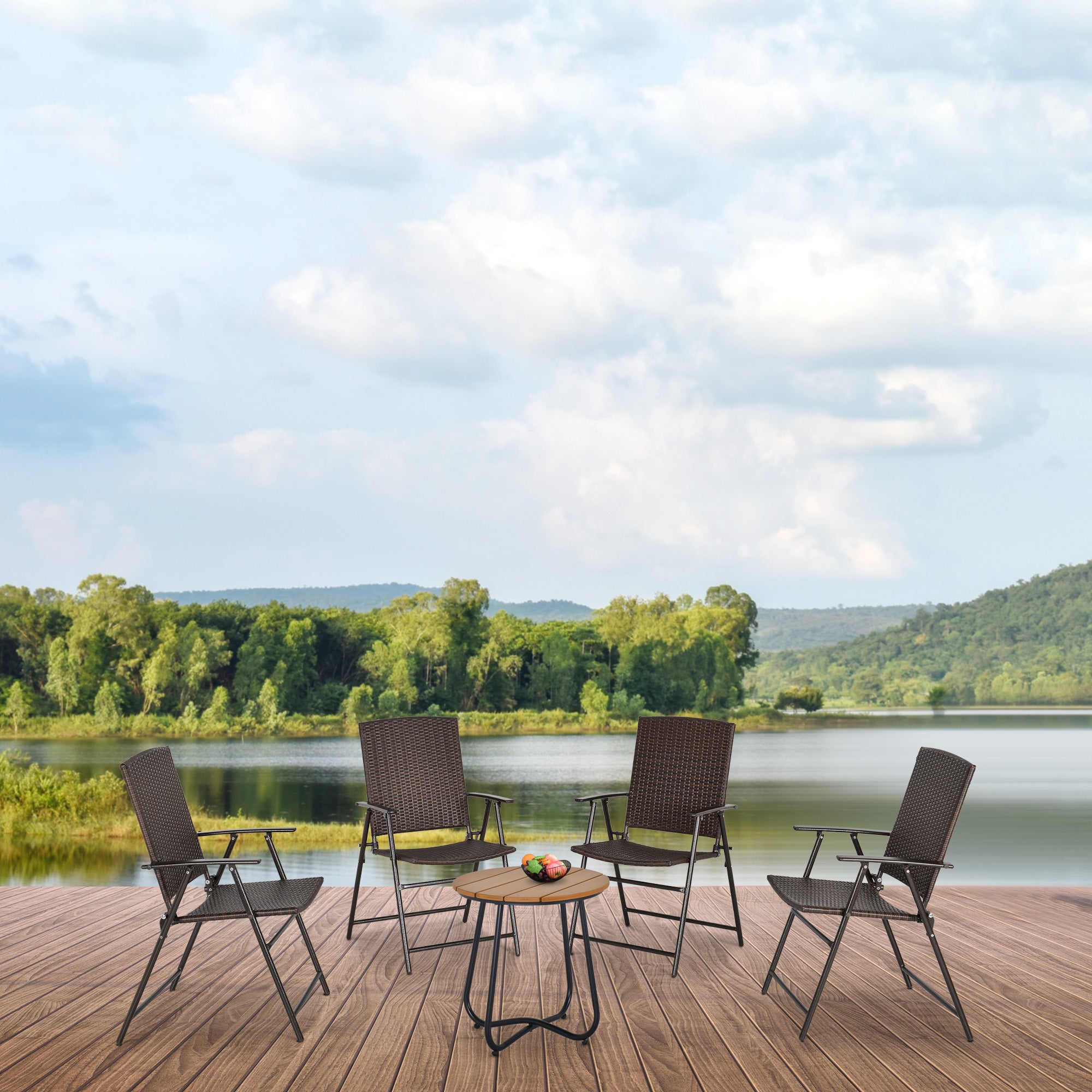 Set of Four Folding Rattan Seat Chairs - Brown