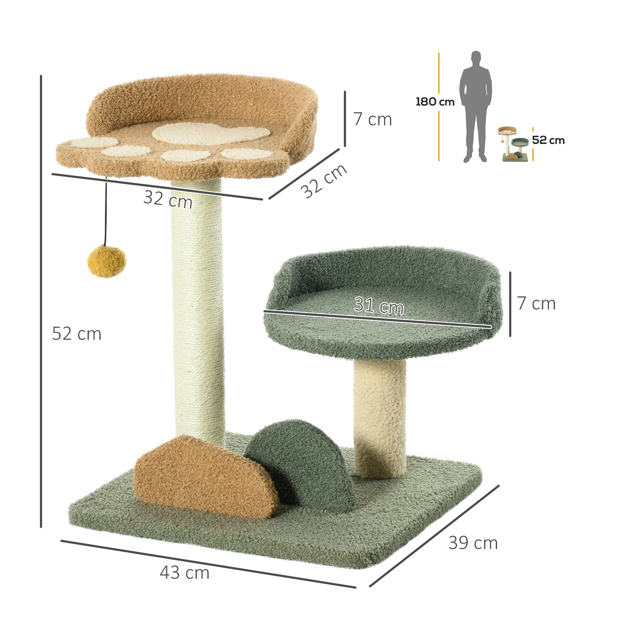 52cm Small Cat Tree for Indoor Cats, Scratching Posts with Two Beds, Toy Ball