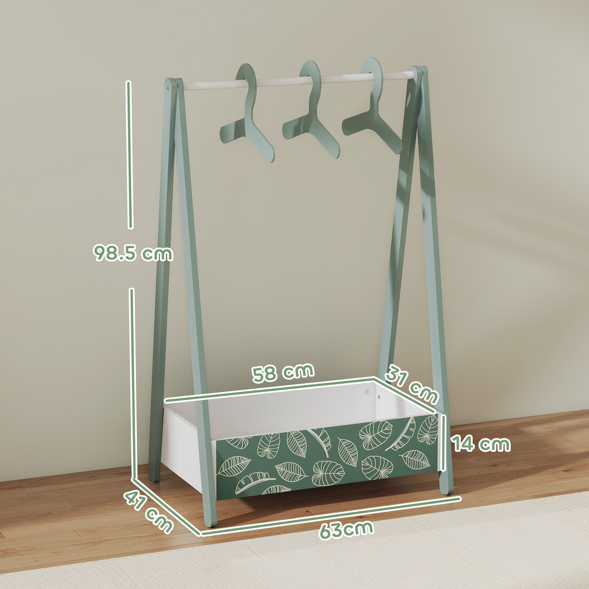 AIYAPLAY Baby Clothing Rack with Hangers, Storage Shelf for Bedroom, Leaf Theme, for Ages 3-6, Green