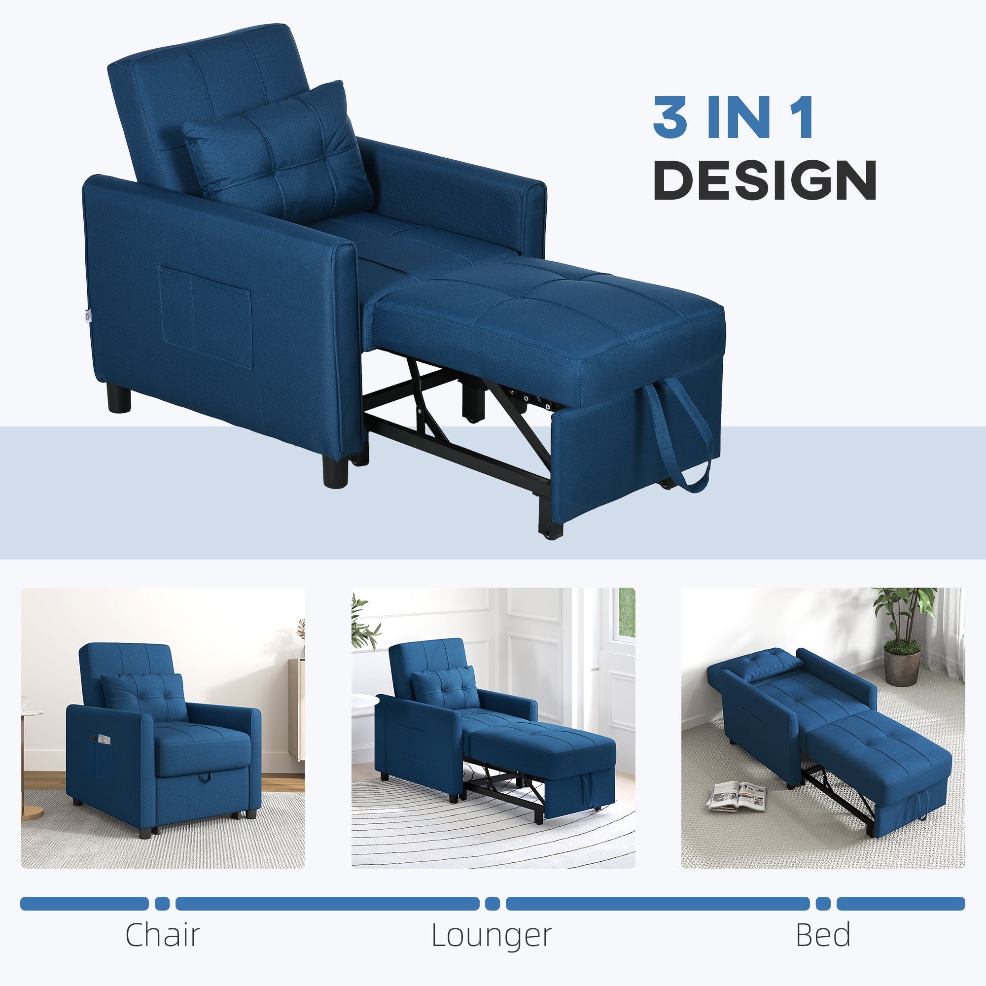 Linen-Look Single Chair Bed - Blue