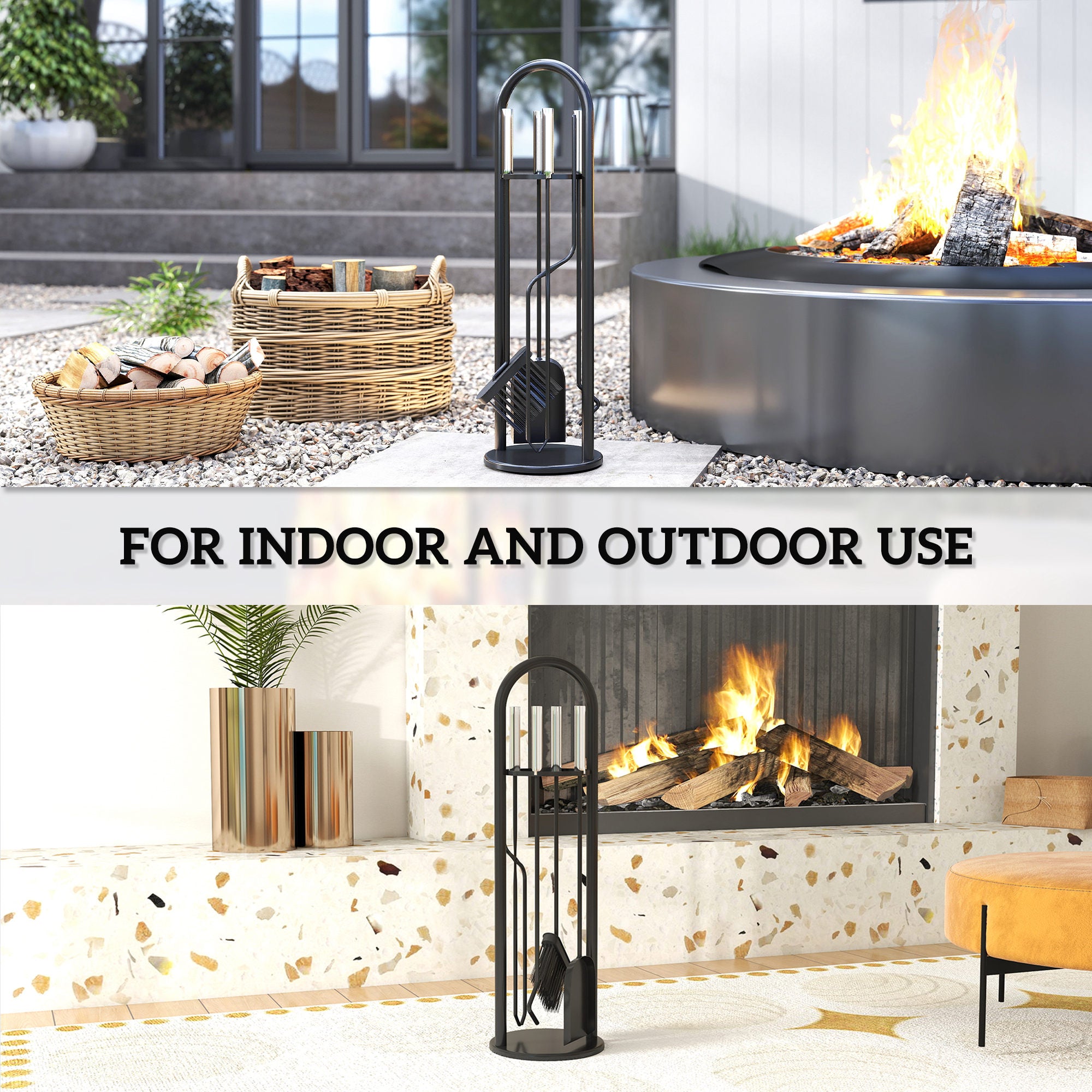 Fynco - 5 Pieces Fireplace Tools Set, Metal Fireplace Accessories Fireside Companion Set with Broom, Shovel, Poker and Bucket, Silver