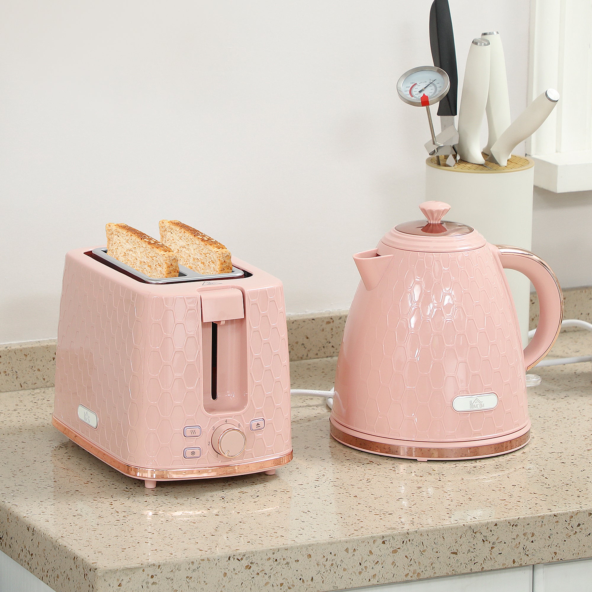 1.7L 3000W Fast Boil Kettle & 2 Slice Toaster Set, Kettle and Toaster Set with Auto Shut Off, Browning Controls, Light Pink