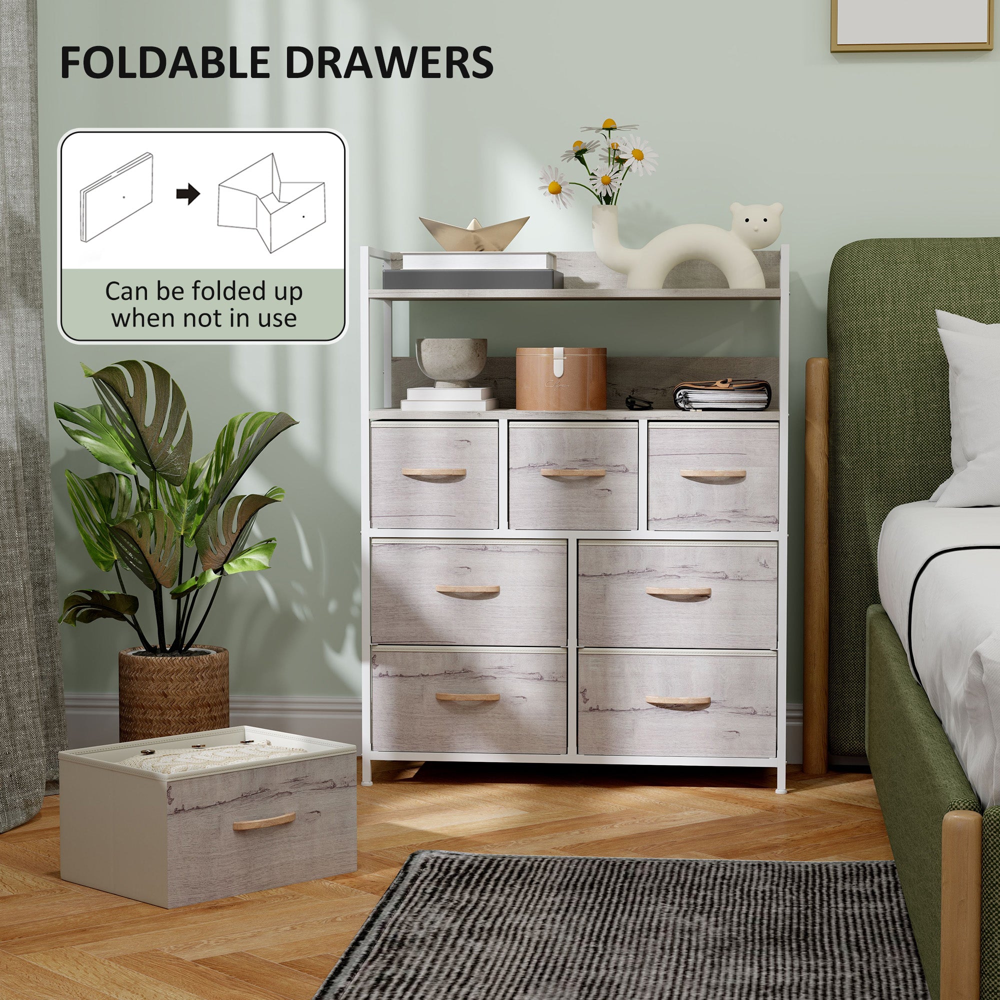 Rustic Chest of Seven Fabric Drawers - Natural Wood Finish