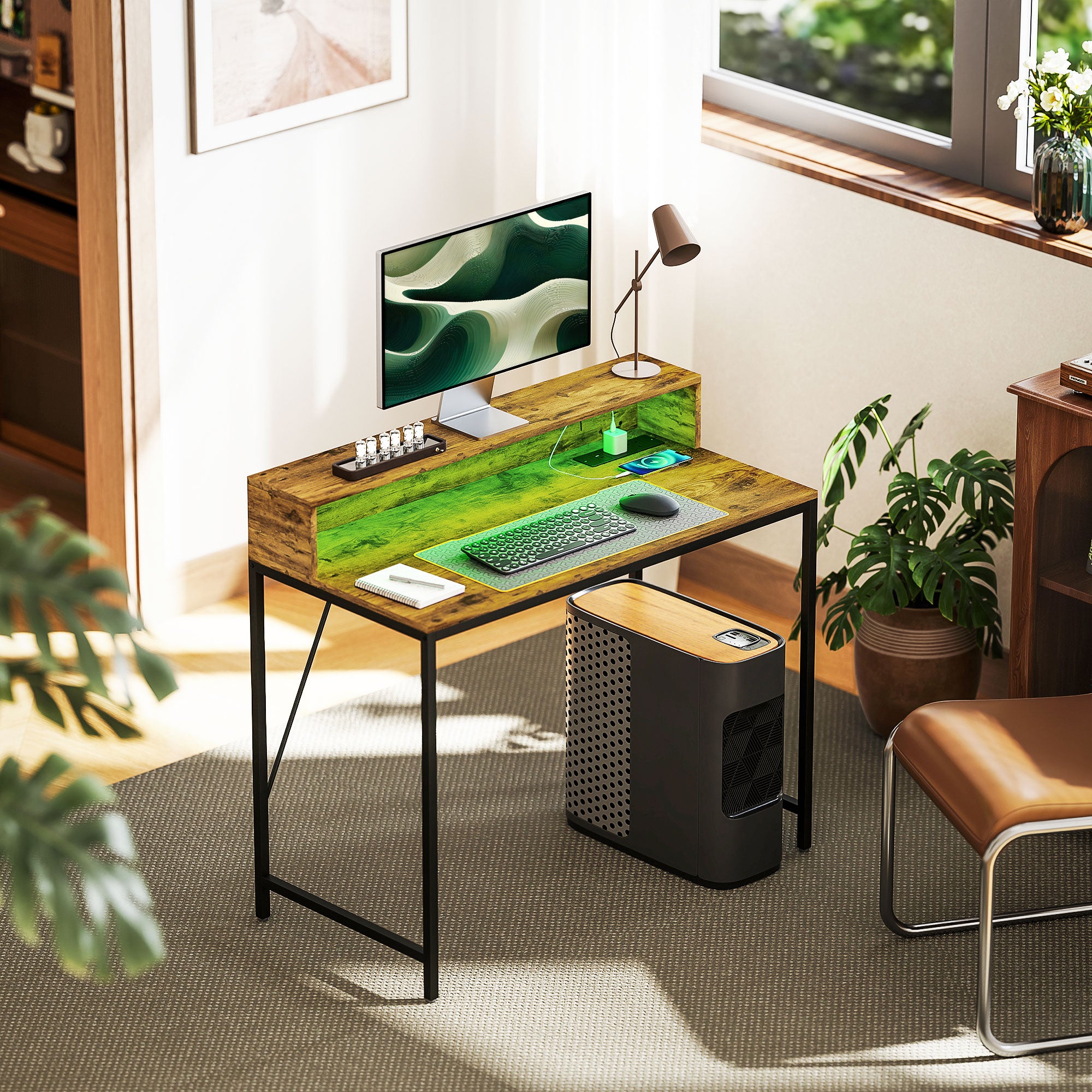 100cm Computer Desk with LED Lights and Power Outlets, Gaming Desk with Monitor Stand, Computer Table with Remote for Home Office Study, Rustic Brown