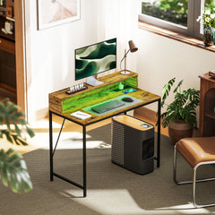 100cm Computer Desk with LED Lights and Power Outlets, Gaming Desk with Monitor Stand, Computer Table with Remote for Home Office Study, Rustic Brown
