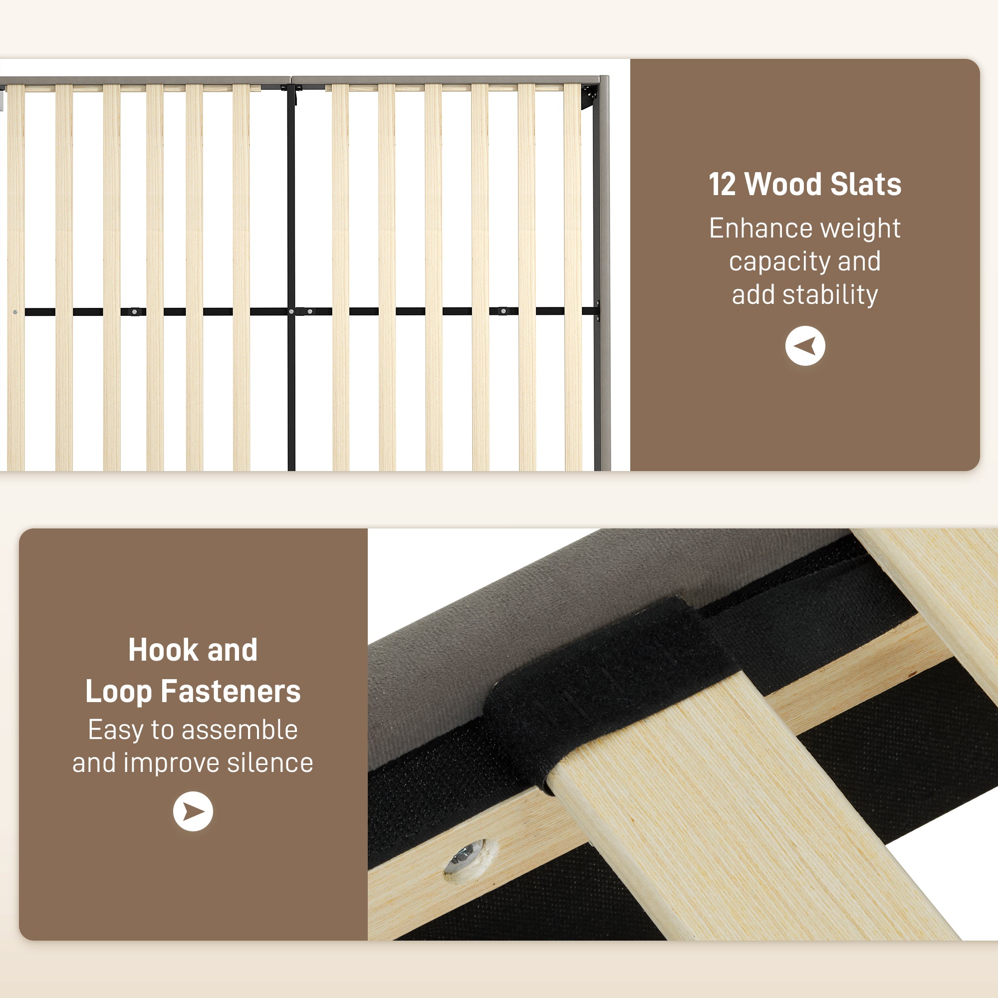 Double Bed Frame, with Velvet-Feel Headboard - Grey