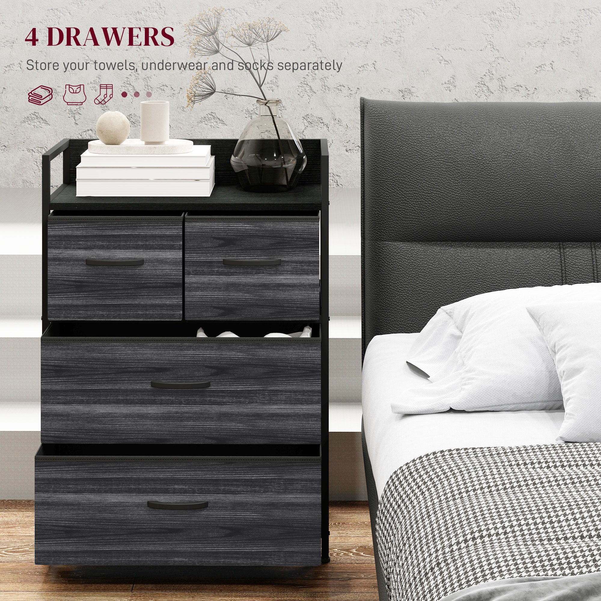 Rustic Chest of Four Fabric Drawers - Black