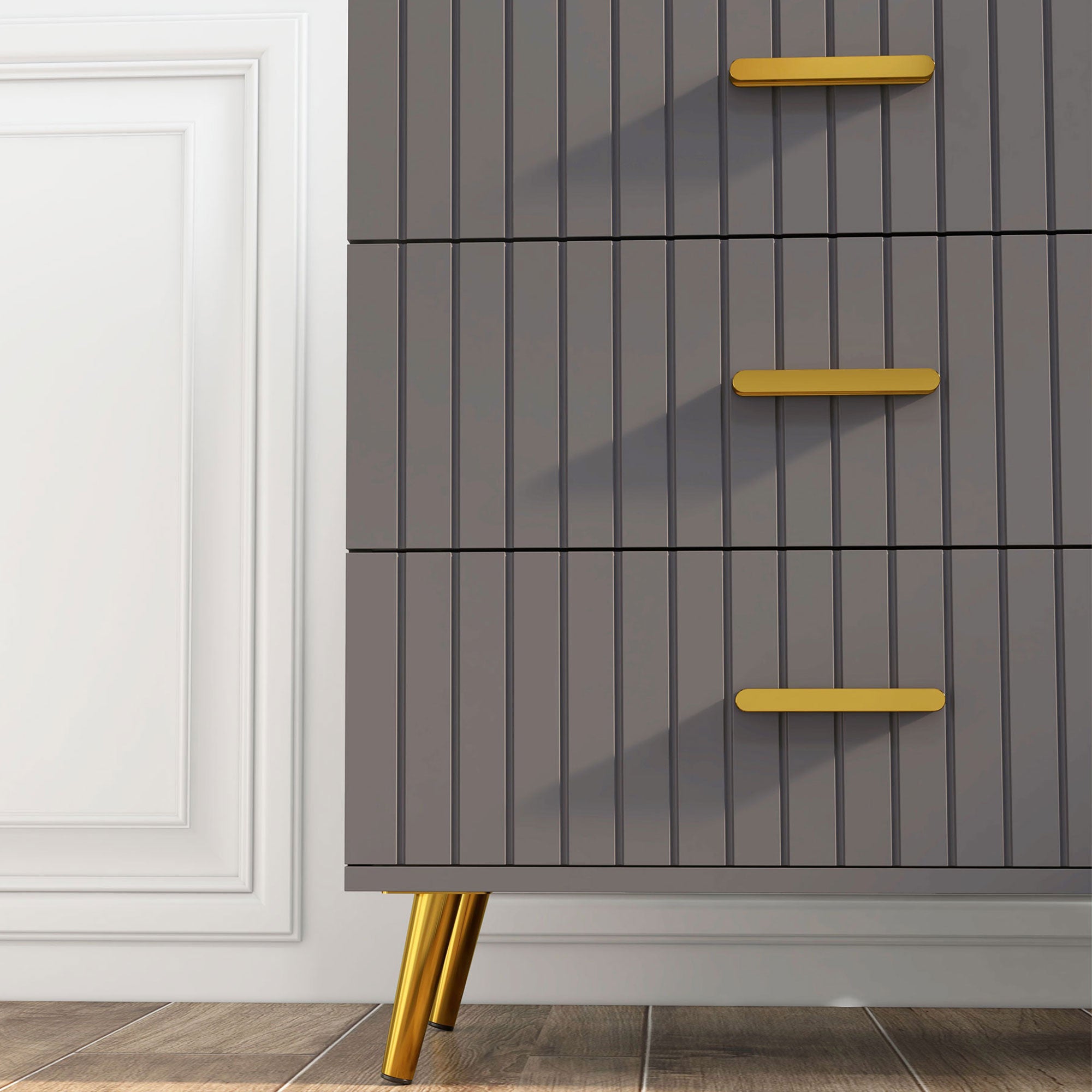 Four Drawer Embossed Line Dresser - Grey/Gold Tone