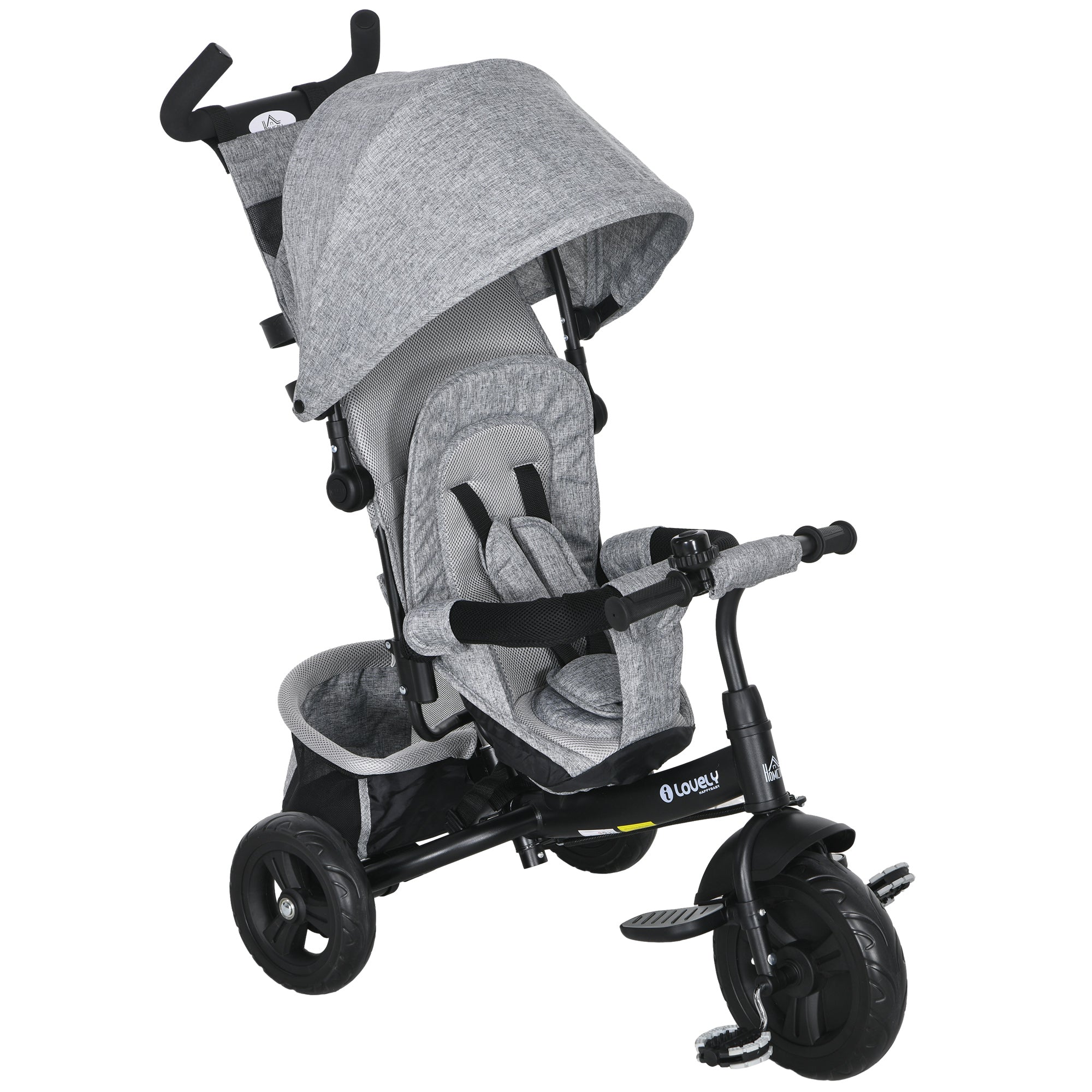 6 in 1 Kids Trike with Parent Handle, Canopy, 5-point Safety Belt, Storage, Footrest, Brake, for 1-5 Years, Grey