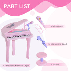 37 Keys Kids Mini Electronic Keyboard Children Grand Piano with Stool Microphone Light Musical Instrument Educational Game Toy Set (Pink)