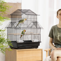 Metal Bird Cage with Plastic Swing Perch Food Container Tray Handle for Finch Canary Budgie 43.5 x 33 x 63 cm, Black
